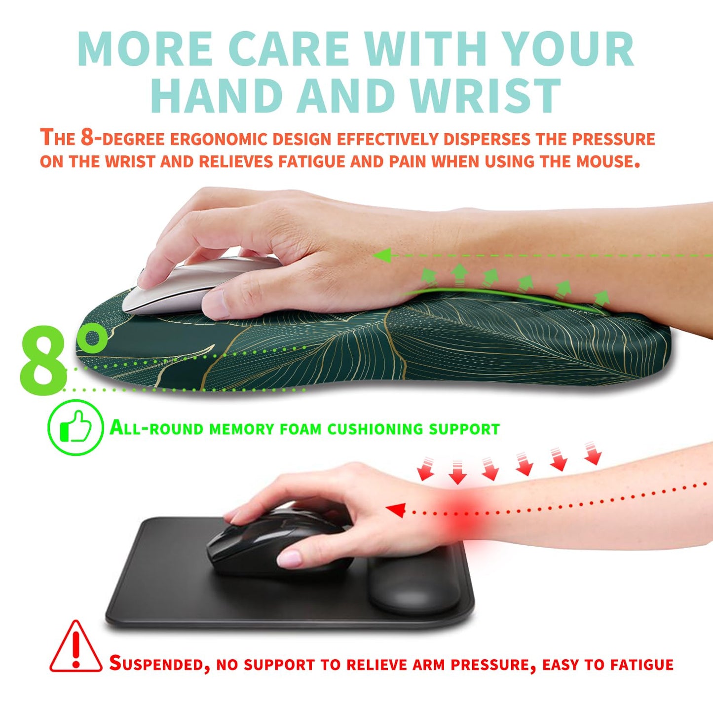 Kuosgm Ergonomic Mouse Pad Wrist Support with Memory Foam Massage Bulge, Carpal Tunnel Pain Relief Mousepad Wrist Rest for Mouse(12x8 inch, Leaves)