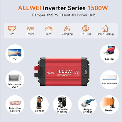 ALLWEI 1500W Pure Sine Wave Inverter 12V DC to 110V/120V AC Converter, Surge 3000W | Power Inverters Vehicles with 2 AC Outlets, RV Truck Boat Home Outdoor & Off-Grid Solar Inverter, Smart LCD Display