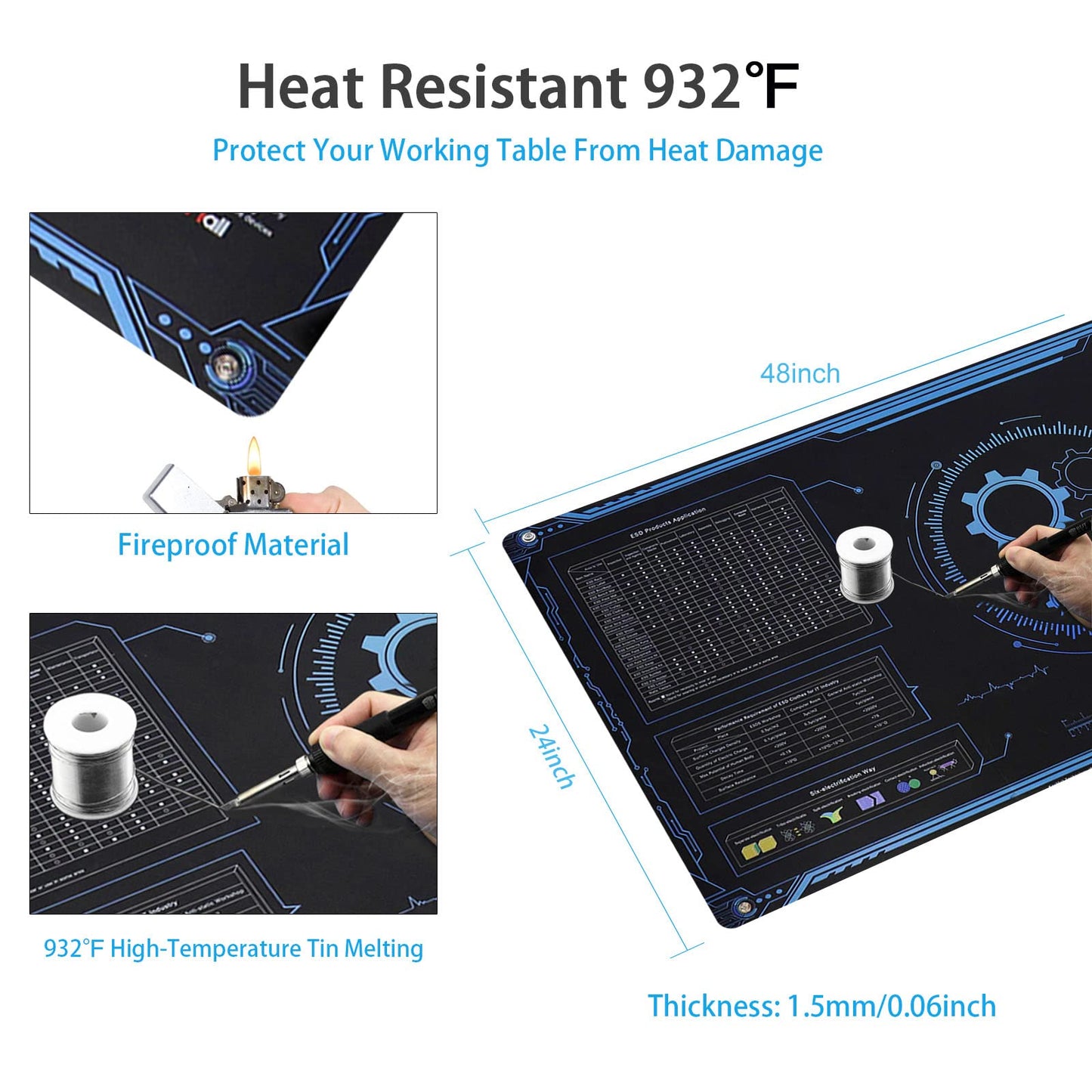 KooMall Large 48x24 Inch Anti Static Mat, Soldering Rubber Mat for PC Building, ESD Sensitive Device Repair, Assembly Work, with ESD Grounding Plug,Cord,Wrist Strap Bracelets Wristband,Heat Resistant