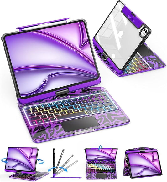 SIBEITU Clear Wireless Keyboard Case for iPad Air 13-inch M4/M3/M2 (2026/20252024) & iPad Pro 12.9-inch 6th 5th 4th 3rd Gen, Precision Trackpad & 7-Color Backlit, Pencil Holder, 360°Rotatable, Purple