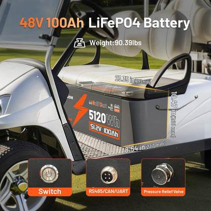 HumsiENK 48V 100Ah Golf Cart Battery with Metal Case, 48V LiFePO4 Lithium Battery with Bluetooth & LCD Monitor, 15000+ Cycles & Max 10.24kW, Built-in 200A BMS with Low-Temp Protection for Golf Carts