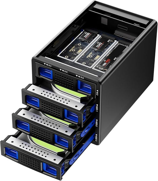 CENMATE Hybrid 3*2.5/3.5" SATA HDD/SSD+3* M / B+M Key M.2 NVMe Enclosure with Cooling Fan and USB A/C 3.2 Gen 2, Hard Drive Enclosure Support 90TB(3*22TB HDD+3*8TB 2230/2242/2260/2280/22110 SSDs)
