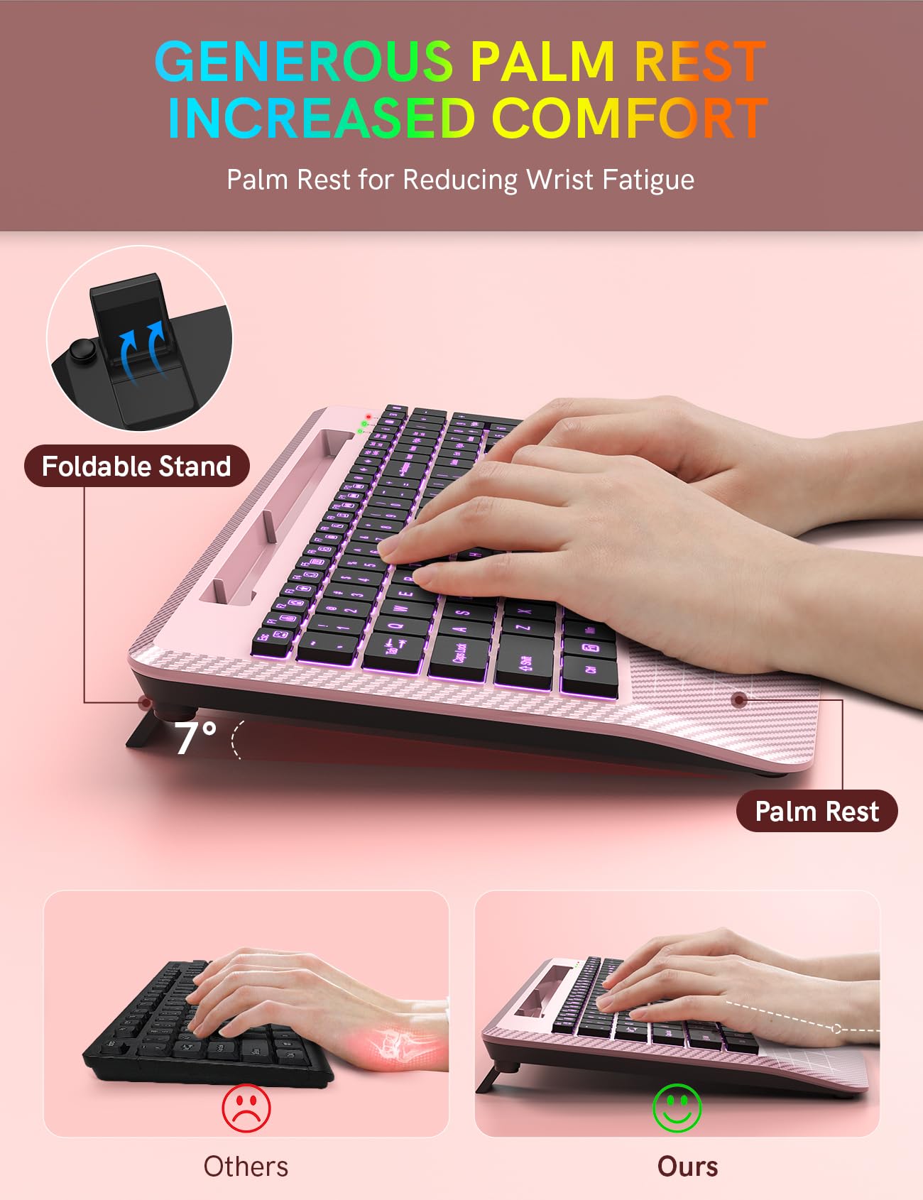 Wireless Keyboard, 7 Colored Backlits, Wrist Rest, Phone Holder-Rose gold