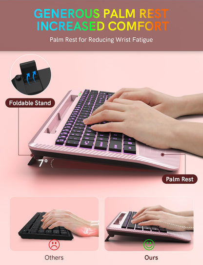Wireless Keyboard, 7 Colored Backlits, Wrist Rest, Phone Holder-Rose gold