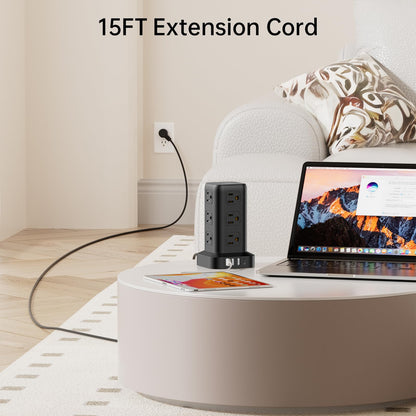 Extension Cord with Multiple Outlets, SMALLRT Power Strip Tower with USB Ports 12 AC Outlets, PD 20W USB C, 15FT Outlet Extender for Home Dorm, Office Supplies, Overload Protection