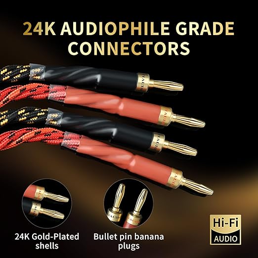 9 AWG Audiophile HiFi Speaker Audio Cable–4N OFC Core,24K Gold-Plated Banana Plugs with Nylon Braid,Compatible with Amplifier,Speakers,AV Receiver & Home Theater(9.84ft/3m) 2-Pack