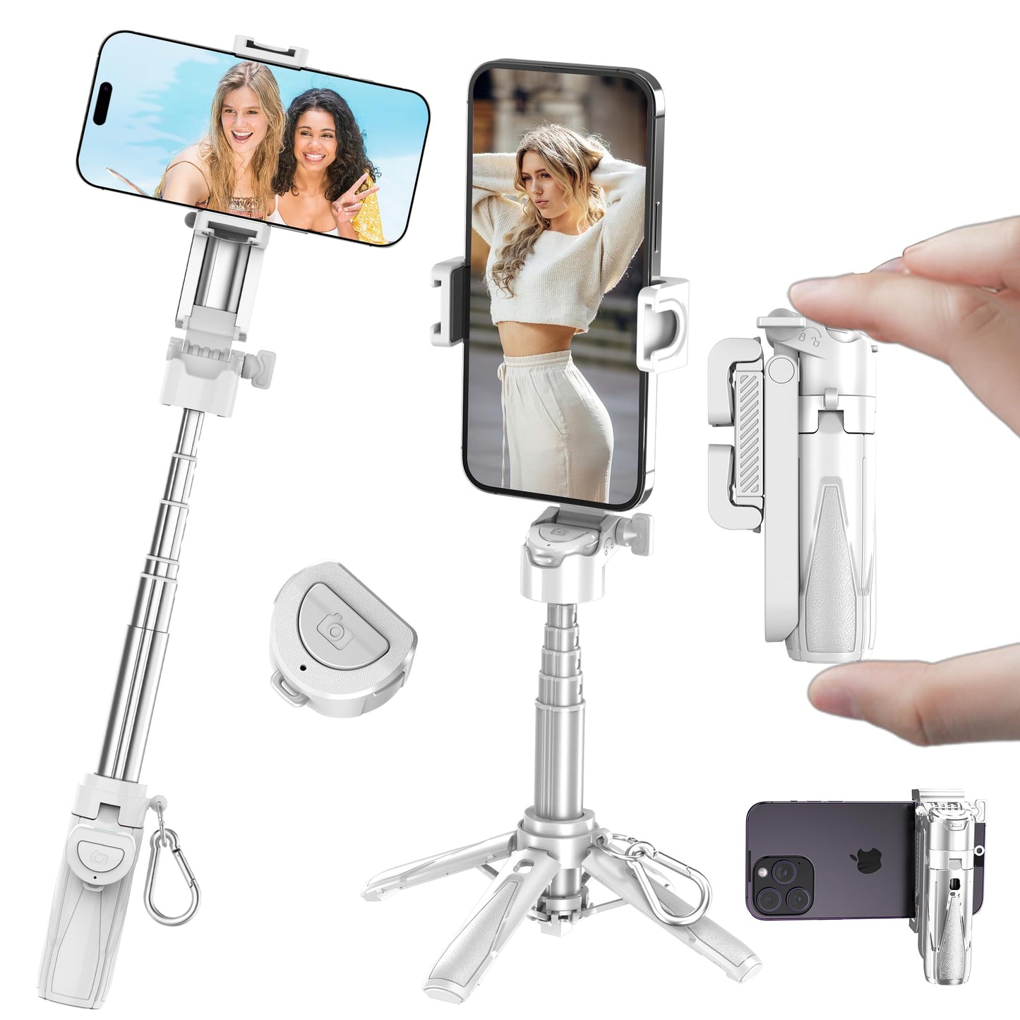 Mini Selfie Stick Tripod, 41.5cm Extendable Grip Phone Tripod with Detachable Remote Pocket Size, 4-in-1 Mini Phone Grip, 10m Wireless Shutter, Vlog Livestreaming Photography （White）