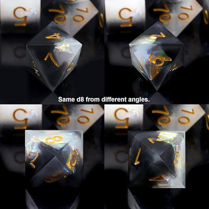 Haxtec Sharp Edge Dice Set DND Dice Black and White Resin Dice Iridecent Mylar Galaxy D&D Dice for RPG Role Playing Compatible with Dungeons and Dragons Gift