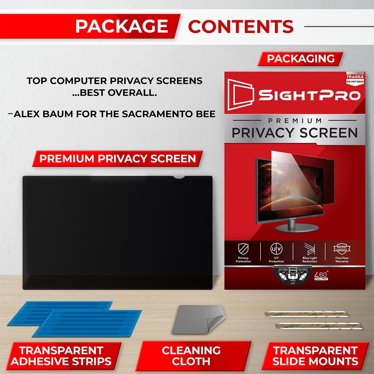 SightPro 22 Inch 16:10 Computer Privacy Screen Filter for Monitor - Privacy Shield and Anti-Glare Protector