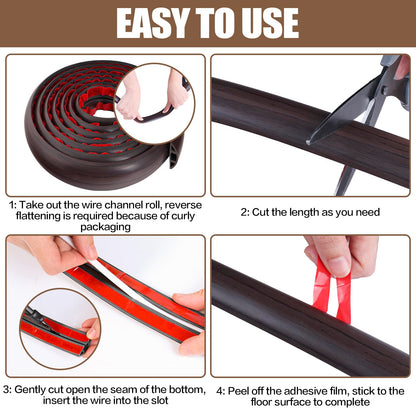 Floor Cord Cover Cavity 0.8"x0.37" Self Adhesive Cord Hider, 10FT Low Profile Cable Management, Extension Strip Protector for Wires, Prevent Cable Trips for Offices, Gyms, Exhibitions（Black Wood）