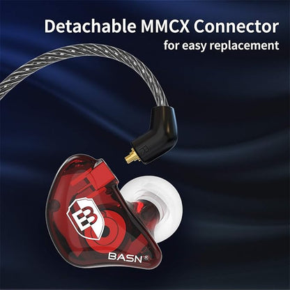 BASN Professional in Ear Monitor Headphones for Singers Drummers Musicians with MMCX Connector IEM Earphones (Lux Clear Red Blue)