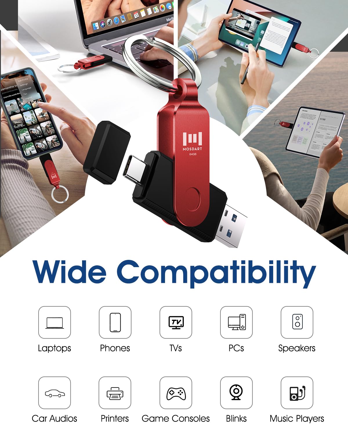 MOSDART 64GB USB C and A 3.2 150MB/s Dual Flash Drive with Keychain, Red