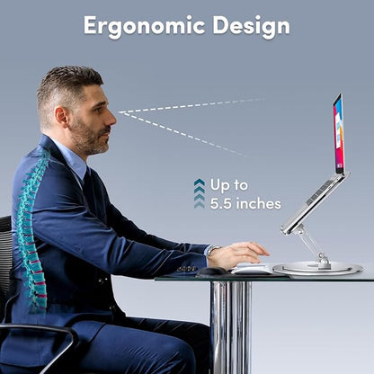 Lifelong Adjustable Laptop Stand with 360° Rotating Base, Ergonomic Computer Stand for Desk, Foldable & Portable Laptop Riser Holder Fits All MacBook, Laptops 10-16 Inches, Silver