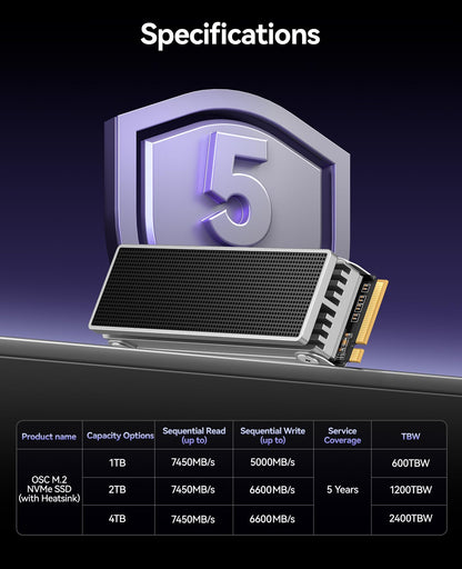 ORICO OSC 1TB M.2 NVMe SSD for Desktop PC, PCIe 4.0 Internal SSD with 7450MB/s Read, TLC NAND, Pre-Installed Pro-Grade Finned Heatsink, Innovative IceArmor Cooling, M.2 2280 Drive