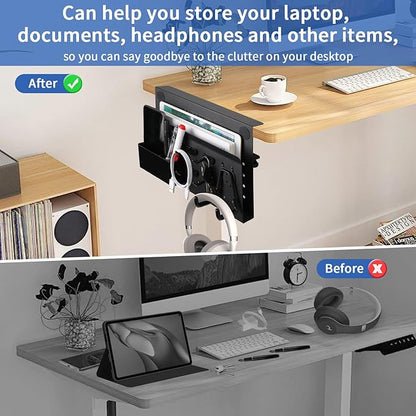 LUKETURE Desk Side Storage, No Drill Laptop Side Desk Mount, Steel Hanging Organizer, with Pegboard Accessories, Clamp on Laptop Holder for Office and Home, Fits Flat Edge Tables 0.3" to 2.8"