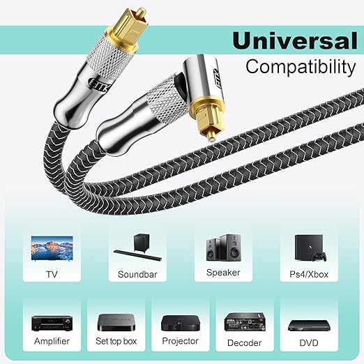 EMK Premium 24K Gold-Plated Right Angle Optical Cable – 90° Toslink to Toslink (0.5M/1.5Ft), 360° Rotatable for Soundbars, TVs & Home Theater