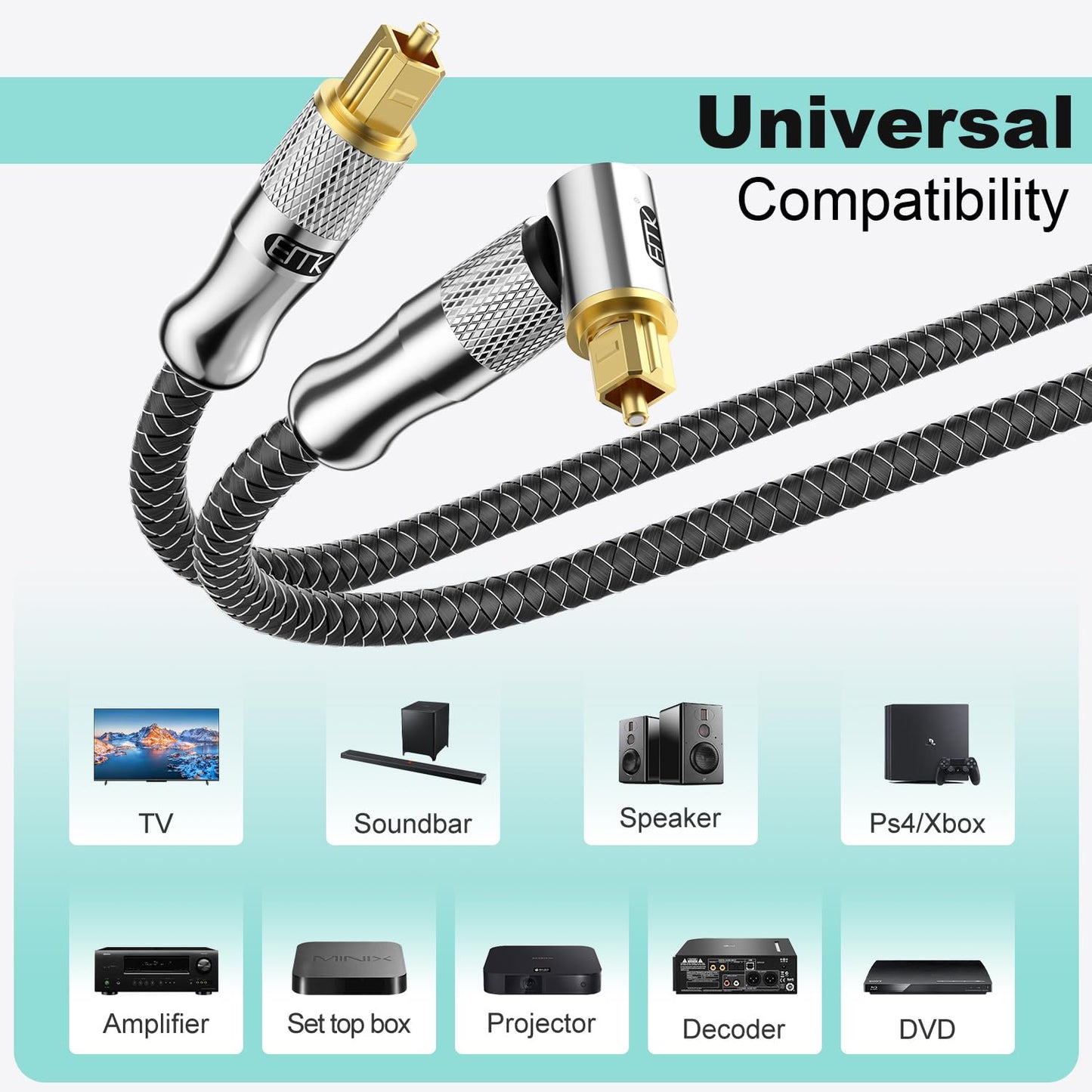 EMK Premium 24K Gold-Plated Right Angle Optical Cable – 90° Toslink to Toslink (7M/22Ft), 360° Rotatable for Soundbars, TVs & Home Theater