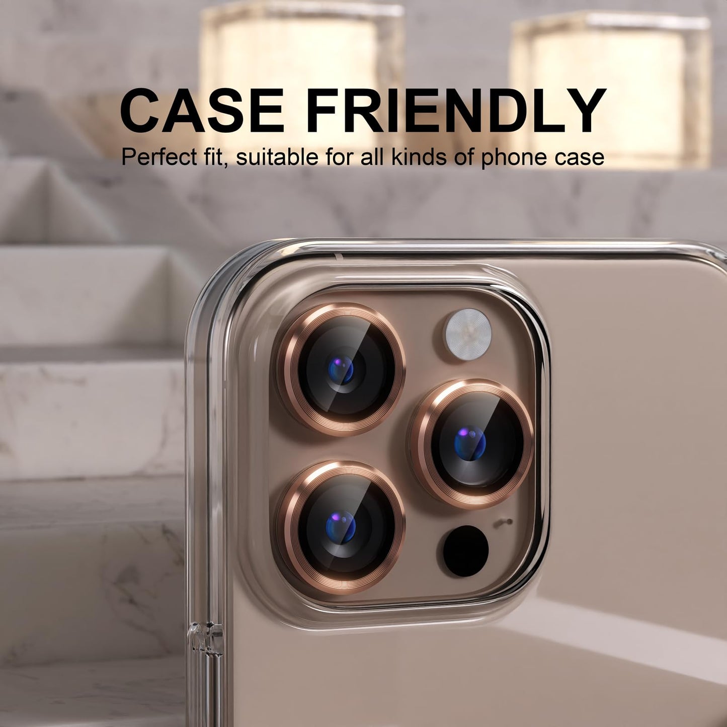 Choiche Compatible for iPhone 16 Pro/iPhone 16 Pro Max Camera Lens Protector, 9H Tempered Glass Camera Cover Screen Protector Metal Ring Decoration Accessories(Titanium Desert)