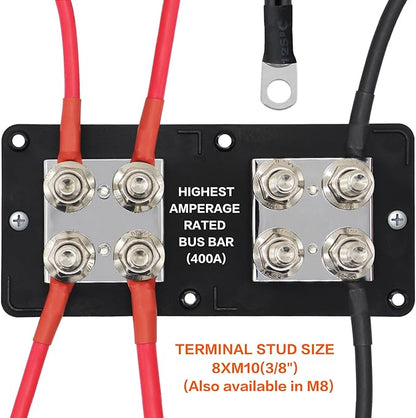 Heavy Duty 400A 12-48V Tin-Plated Copper Block Bus Bar 8xM10(3/8") Studs Independent Modular Positive Negative Ground Battery Junction Block Buss Bar for Solar System Marine Truck Boat