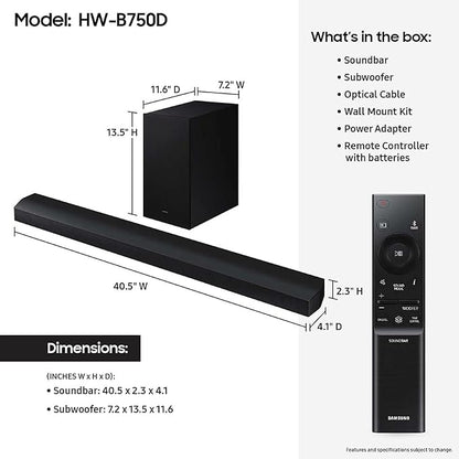 Samsung HW-B750D/ZA 5.1 ch Soundbar w/ Dolby Audio, Surround Sound expansion, Bass Boost, Adaptive Sound, DTS Virtual:X, Wireless Subwoofer, 2024