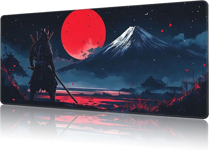Mouse Pad Large Samurai and Red Moon Non-Slip Game Desk Mat with Stitched Edge Laptop Keyboard Desk Pad for Work Home Gaming (35.4 x 15.7 Inches)