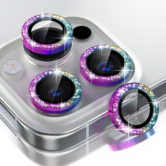Choiche Compatible for iPhone 16 Pro/iPhone 16 Pro Max Camera Lens Protector Bling, 9H Tempered Glass Camera Cover Screen Protector Metal Ring Decoration Accessories (Glitter-Colorful)