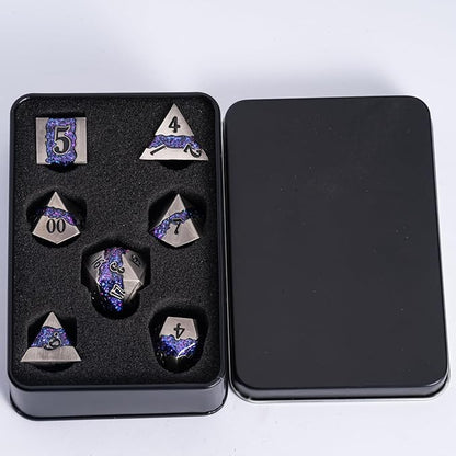 Metal Dice Set D&D, 7 PCS RPG Metallic Glitter Stripe Dice Set with Gift Box for Dungeons and Dragons Role Playing Games