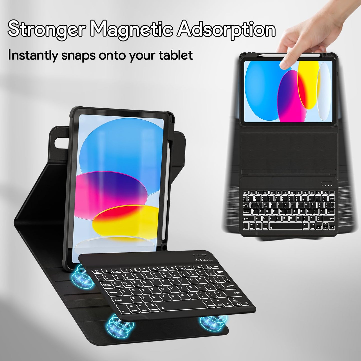 YBING for iPad A16 Case with Keyboard 11th &10th Generation, 360 Rotation Magnetic Cover with 7-Color Backlit Wireless Detachable Keypad with Pencil Holder for iPad 11th 2025/10 Gen 10.9" 2022 (Black)