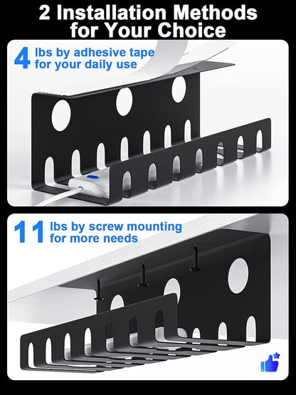 Delamu 2 Pack Metal Under Desk Cable Management Tray, U-Channel Cord Organizer Box, Office Under Desk Cord Organizers, Cable Management with Various Accessories, Black, 15.75 Inches