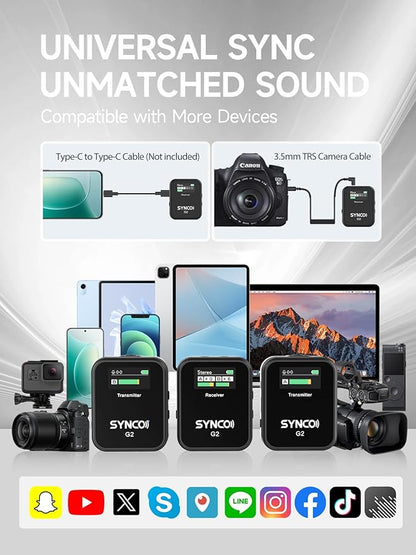 SYNCO Wireless Lavalier Microphone, G2(A2) 2.4G Dual Transmitter 48KHz 24Bit Lapel Mic 656FT 8H for Online Class Vlog Stream YouTube for Camera Smartphone Tablet
