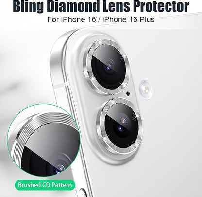 AGVEE 3+3 6 Pack for iPhone 16 6.1" / 16 Plus 6.7" Camera Lens Cover Protector, Bling Glitter & CD-Textured Metal Ring 9H Tempered HD Glass Camera Cover Protector Film, Glitter-Silver