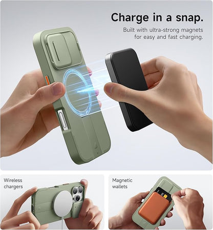 SURITCH for iPhone 16 Pro Case with Slide Camera Cover and Adjustable Kickstand, Compatible with MagSafe, Shockproof Bumper Case Slim Protective Cover for iPhone 16 Pro 6.3 Inch,Green