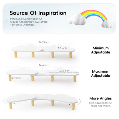 AFOOYO Dual Monitor Stand Riser,Rainbow Cloud Desktop Computer Stand for 2 Monitors,Adjustable Length and Angle Multifunctional Desktop Organizer Stand for Laptop, PC, Computer, Printer,White