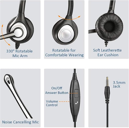 Cell Phone Headset with Microphone Noise Cancelling & Call Controls, 3.5mm Computer Headphones for Samsung PC Business Skype Softphone Call Center Office, Clear Chat, Ultra Comfort