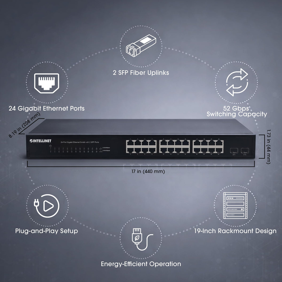 Intellinet 24-Port Gigabit Ethernet Switch, 2 SFP, Unmanaged Rackmount 1U