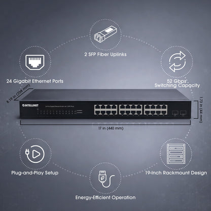 Intellinet 24-Port Gigabit Ethernet Switch, 2 SFP, Unmanaged Rackmount 1U