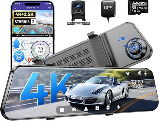 AZDOME PG17 Pro 4K+2.5K Mirror Dash Cam with STARVIS 2 & 5G WiFi Rear View Mirror Camera, OTA Upgraded, Parking Assist, Voice Control, 128GB Card - Mirror Dash Cam with 12-Inch Touch Screen