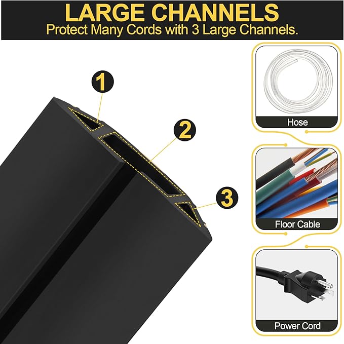 MYFAMIREA 6.5FT Floor Cord Cover Heavy Duty Cable Cover Protector with 3 Channels Extension PVC Floor Wire Cover Outdoor Cord Hider Management Cord Cover for Wire on Floor for Home Office Outdoor