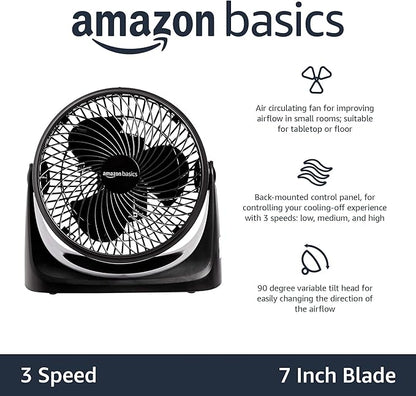 Amazon Basics Air Circulator Fan, Desk Fan for Bedroom, Home and Office, With 90-Degree Tilt Head, 3 Speed Settings, Lightweight (3 LBS), 35 Watts, Black, 11.1"W x 6.3"D x 10.9"H