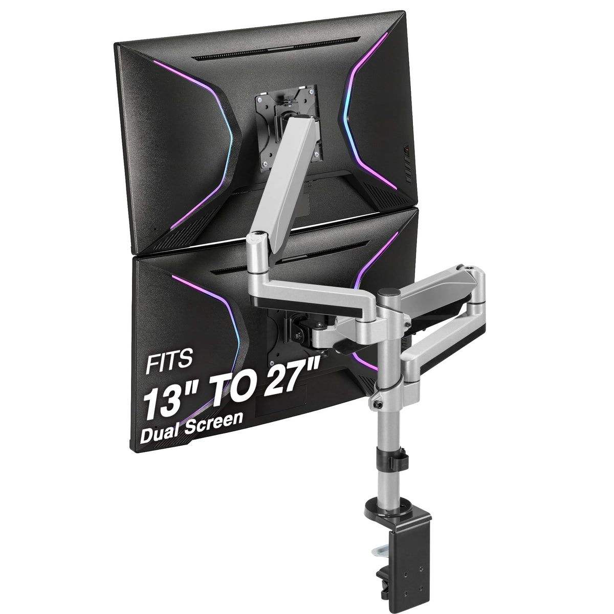 AVLT Dual Stacked Monitor Arm Desk Mount for 13-27" Screens - Silver