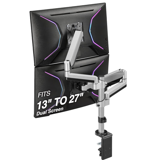 AVLT Dual Stacked Monitor Arm Desk Mount for 13-27" Screens - Silver