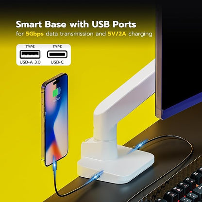 ARES WING Single Monitor Mount with USB A/C, Heavy Duty Monitor Arm for 17 to 49 inch Ultrawide Screen, Holds 44 lbs, Adjustable Gas Spring Arm Desk Mount with Clamp and Grommet Base, White