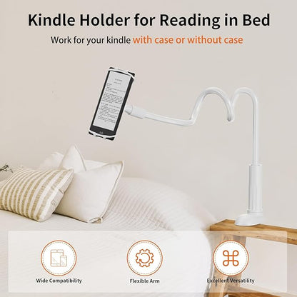 Gooseneck Kindle Holder for Reading in Bed - [Anti-Slip] Phone Holder for Bed, Kindle Paperwhite Stand Accessories, Overhead Cell Phone Clamp Mount for Desk, for Tablets 4-10 inches