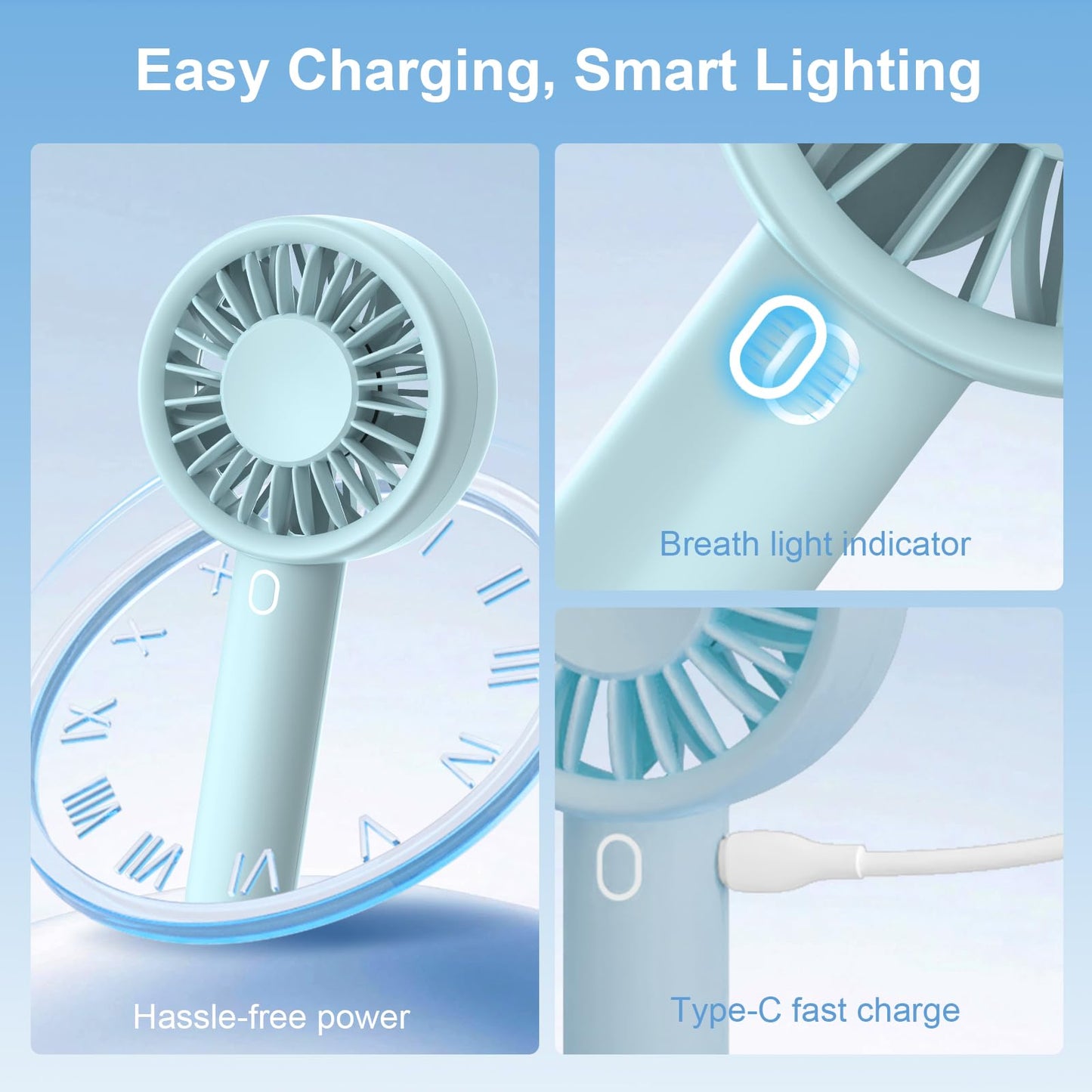 Mizong Mini Fan Portable Handheld Fan, USB Rechargeable Personal Fan with Base, 10H Long Lasting Battery Mini Pocket Cooling Fan for Desktop Travel Outdoor Vacation Concert Lash Makeup Use