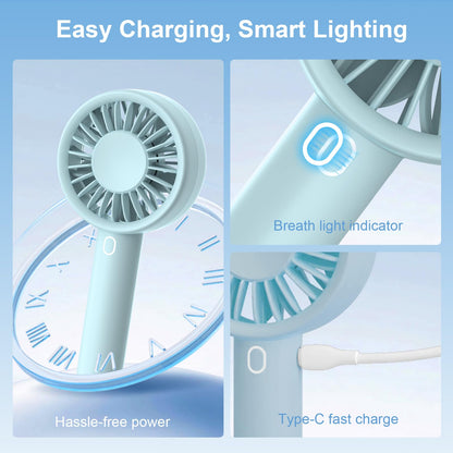 Mizong Mini Fan Portable Handheld Fan, USB Rechargeable Personal Fan with Base, 10H Long Lasting Battery Mini Pocket Cooling Fan for Desktop Travel Outdoor Vacation Concert Lash Makeup Use