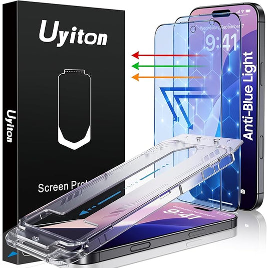 Uyiton Compatible with iPhone 16 Screen Protector (Anti-Blue Light) - [Easy Fit] Shatterproof Full Coverage [Case Friendly] 9H Tempered Glass Screen Protector for iPhone 16, 2 Pack