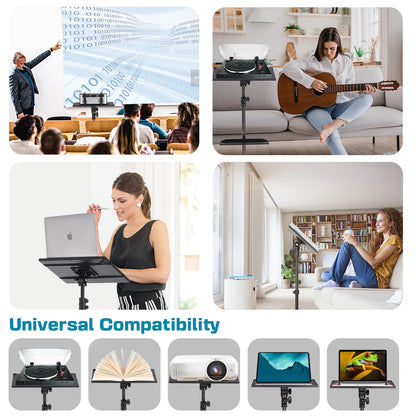 Lusweimi Projector Tripod Stand, 50” Laptop Stand with 2 Shelves for Projector, iPad, DJ Equipment, Portable Adjustable Floor Stand with Gooseneck Phone Holder for Office, Home, Stage or Studio