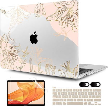 MEEgoodo Case for MacBook Pro 13 inch Case 2022 2021 2020 New A2338 M2/M1 A2251 A2289,Laptop Hard Shell Cases with Keyboard & Camera Cover Compatible with 13.3 inch MacBook Pro, Gold Flowers Lilies