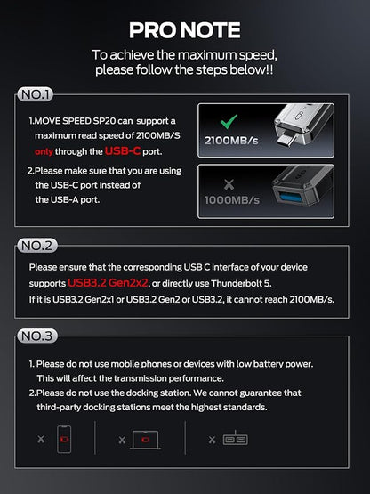 MOVE SPEED 512GB External SSD, 2100MB/s TLC Reliable Transfer Portable SSD with USB 3.2 Gen2x2 + Type C, Cool USB Drive for Phone/Windows/Mac (SP20)