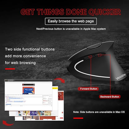 Vassink Ergonomic Mouse, Rechargeable Wireless Mouse, 2.4GHz Rechargeable Wireless Vertical Optical Mice with USB Receiver, 6 Buttons for Laptop, PC, Computer Black
